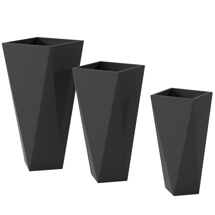 Set of three tall black stackable planters, angled view