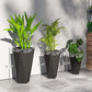 Tall black stackable planters shown with size markings and multiple plant types