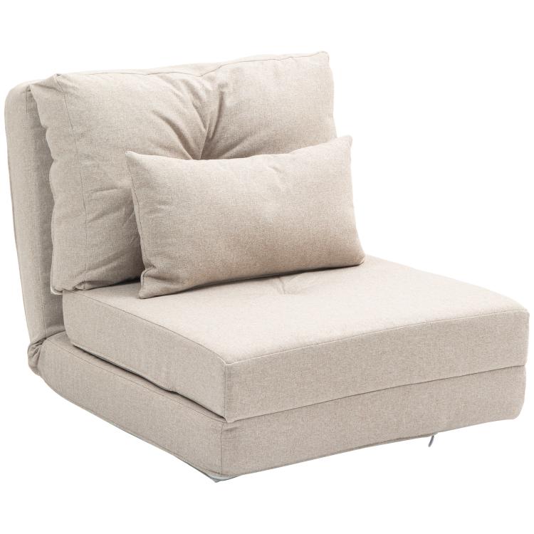 Beige upholstered floor chair sofa with two back cushions and a seat cushion