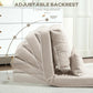 Beige upholstered sofa bed showing adjustable backrest positions, two pillows