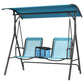2-person blue porch swing with canopy, two seats and armrests, front view