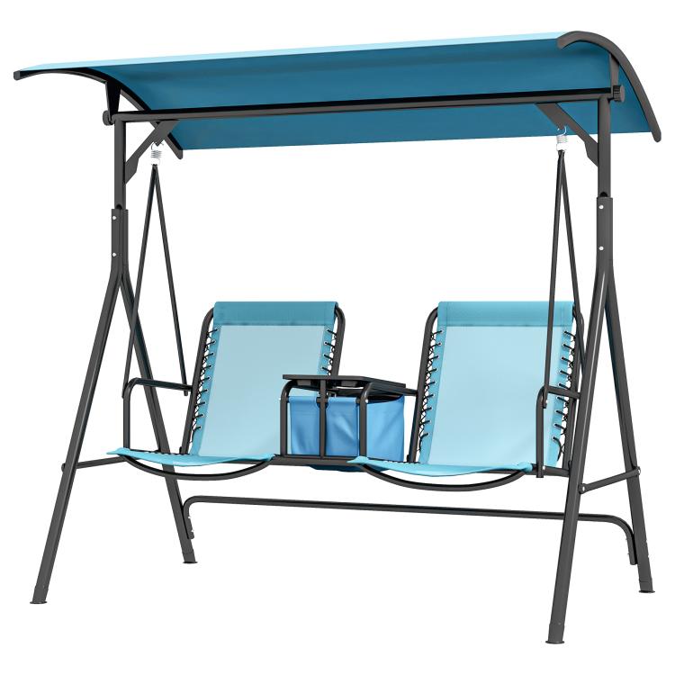 2-person blue porch swing with canopy, two seats and armrests, front view