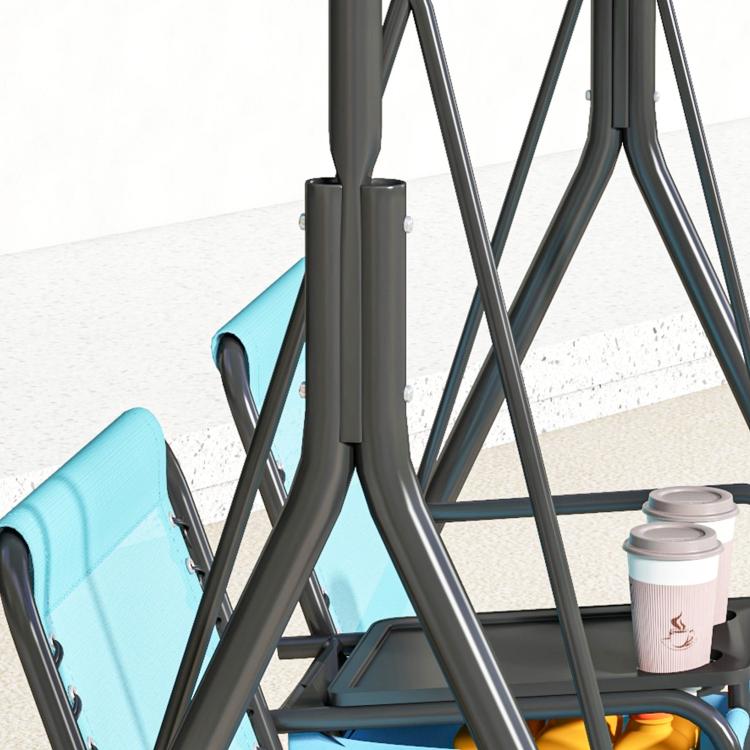 Blue porch swing canopy frame with side seat and table cup holder, dark-gray metal