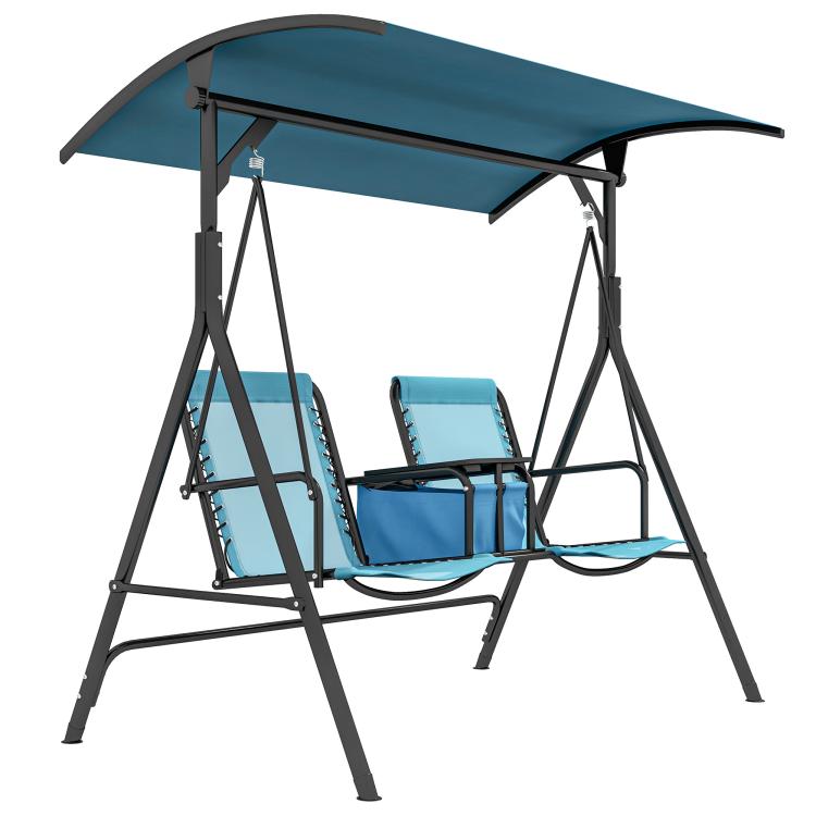 2-person blue porch swing with canopy, dark-gray frame and cushioned seat