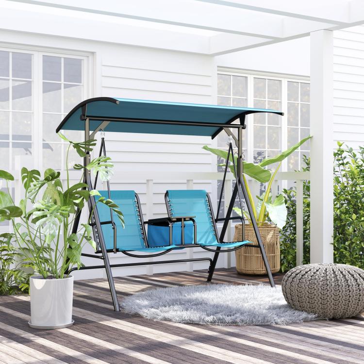 2-person blue porch swing with canopy in outdoor patio setting, two seats visible