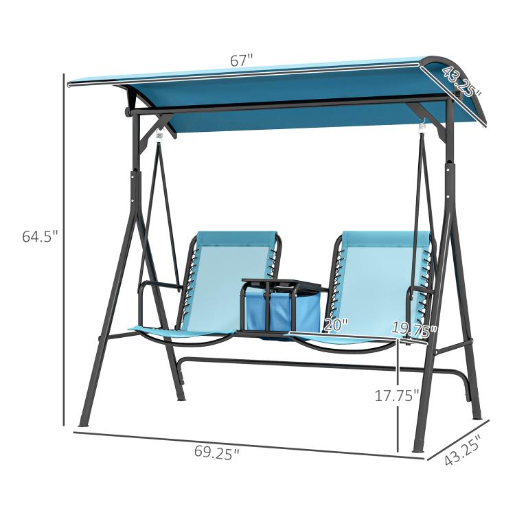 2-person porch swing with canopy, blue fabric seats and dimensions diagram