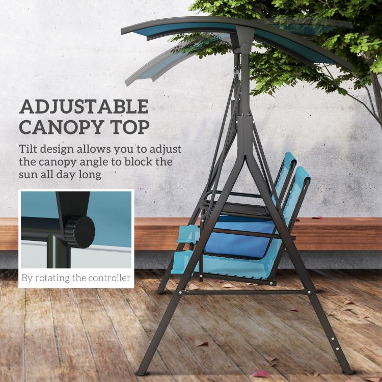 2-person blue porch swing with adjustable canopy top and dark steel legs