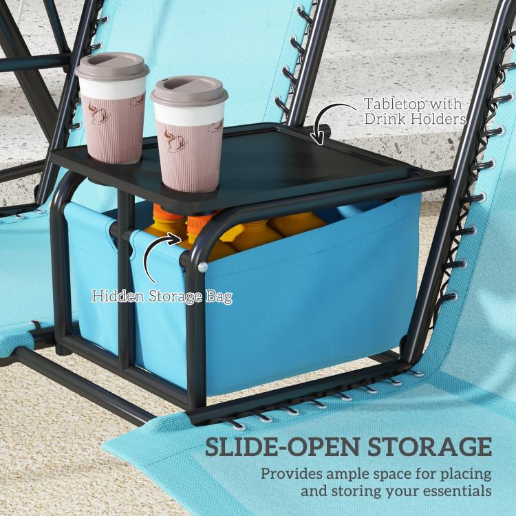 Porch swing side table with drink holders and hidden storage bag on blue seat
