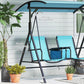 2-person blue porch swing with sturdy metal frame and anti-slip foot pads detail