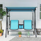 2-person blue porch swing with canopy and built-in storage table centered front view
