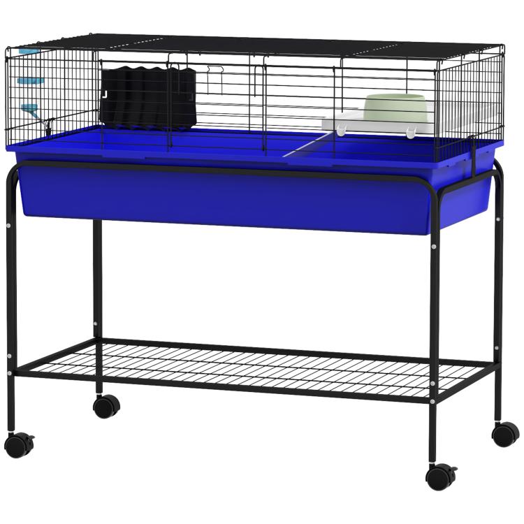 Blue two-level wire pet cage with side access and lower shelf on rolling stand
