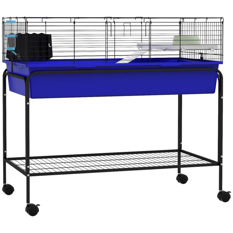 Two-story pet cage on blue rolling stand, black wire walls with shelf and access door