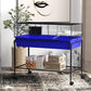Blue two-story wire pet habitat with front panel and lower shelf on rolling base
