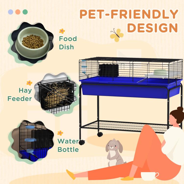 Blue two-story wire pet cage with food dish, hay feeder, and water bottle shown
