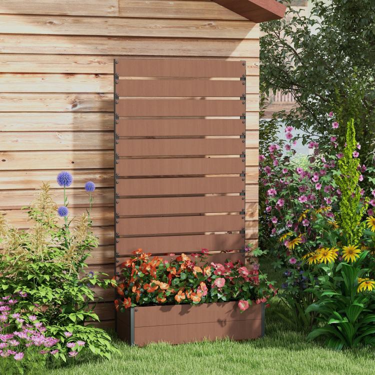 Light brown raised planter box with trellis for climbing plants