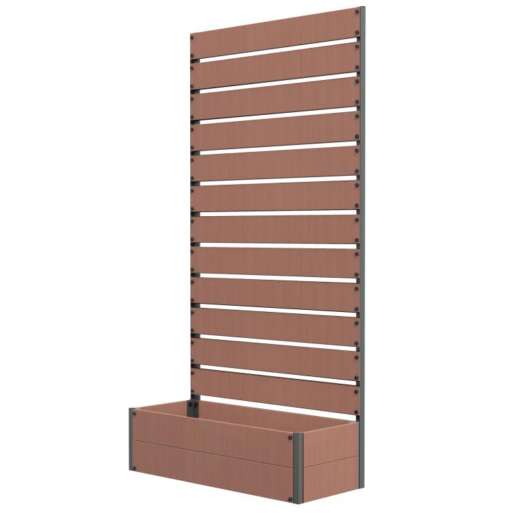 Light brown raised planter with vertical trellis panel