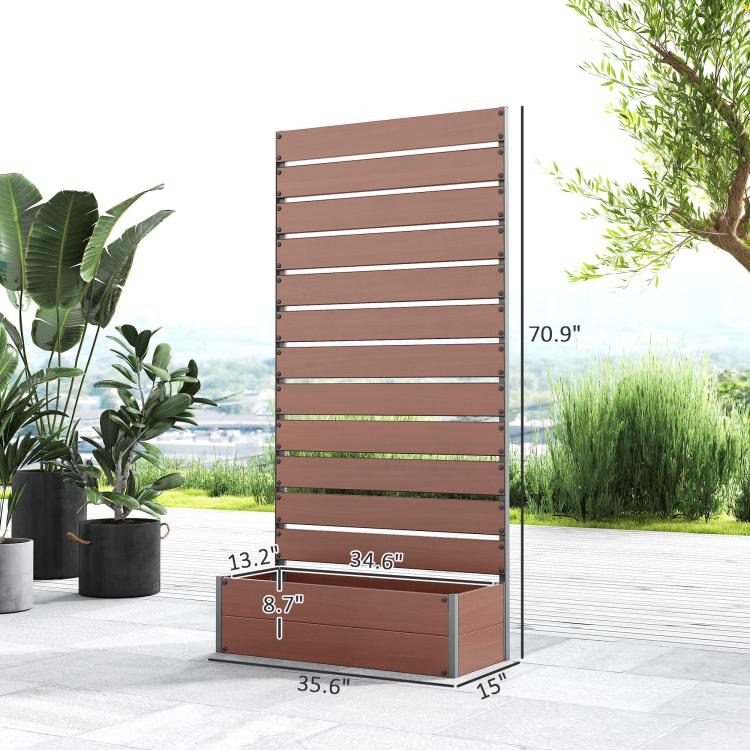 Tall light brown trellis planter with raised bed and labeled height 70.9 in