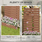 Light brown raised planter box with slatted trellis panel and flower bed