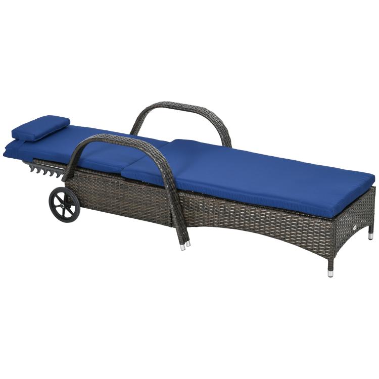 Rolling outdoor chaise lounge with blue seat cushion and curved armrests