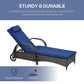 Reclining chaise lounge with blue cushion and dark wicker frame, padded headrest
