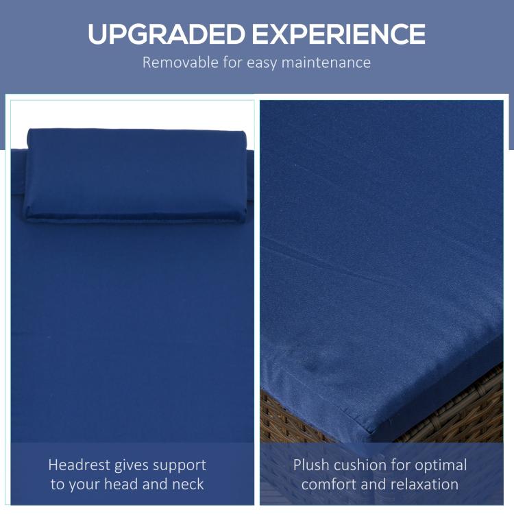 Removable outdoor chaise cushion in blue with separate headrest pad