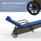 Rolling outdoor chaise lounge with two back wheels and blue cushion
