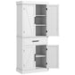 White tall pantry cabinet with open barn-style doors, shelves, and center drawer