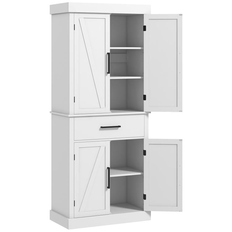 White tall pantry cabinet with open barn-style doors, shelves, and center drawer