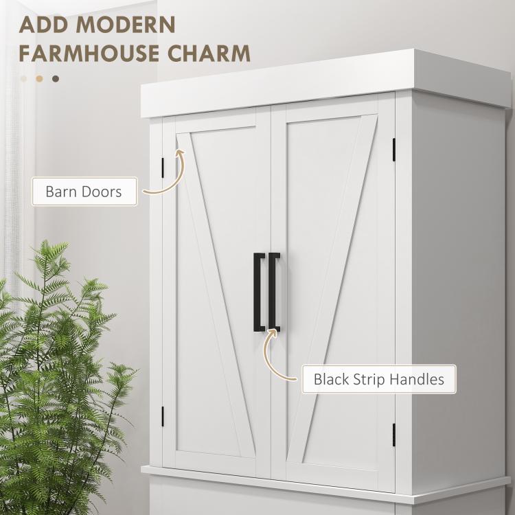 White cabinet with barn doors and black strip handles on double door panels