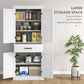 White pantry cabinet with open doors and drawer; shelves display kitchen storage