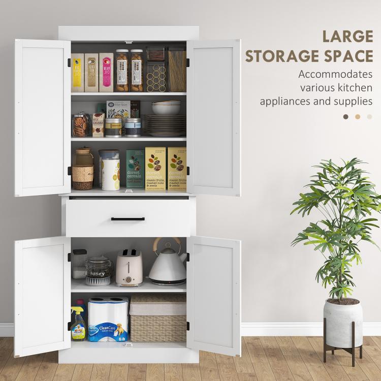 White pantry cabinet with open doors and drawer; shelves display kitchen storage