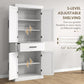 White cabinet with three-level adjustable shelving, barn doors, and drawer