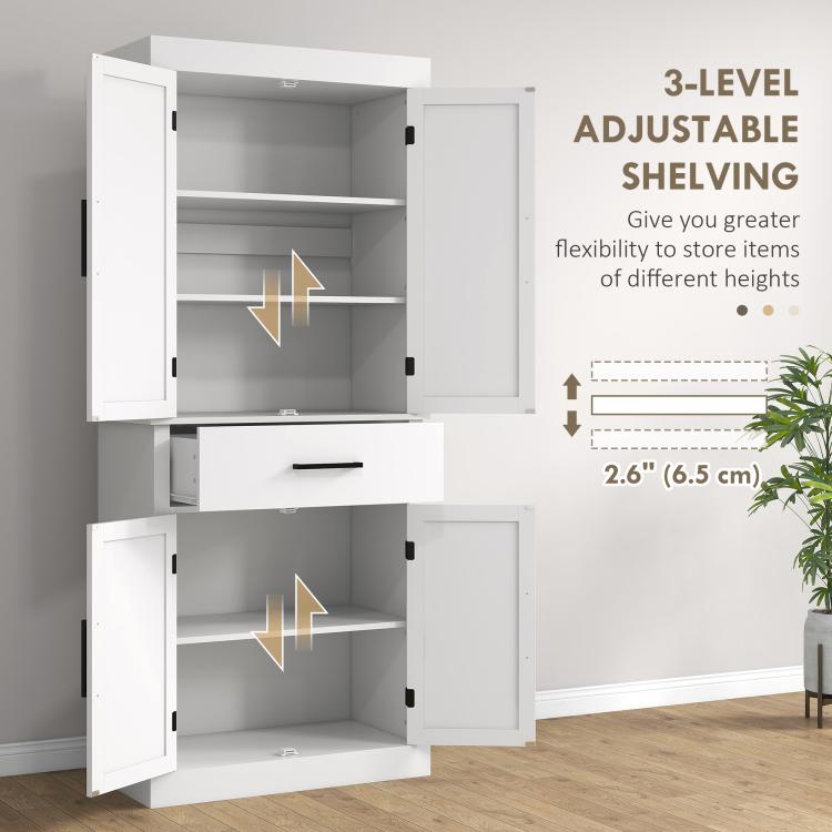 White cabinet with three-level adjustable shelving, barn doors, and drawer