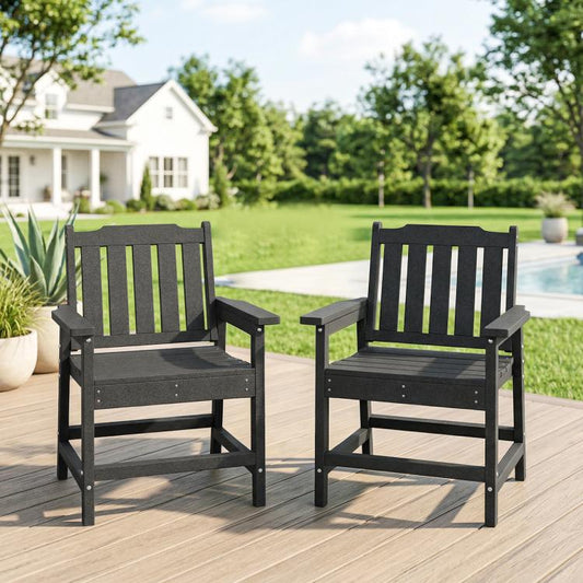 Gray patio armchairs set of 2 with slatted seat and back, matching armrests