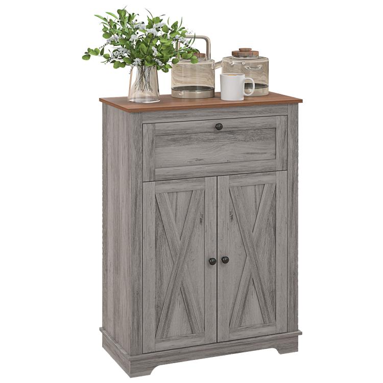 Gray sideboard cabinet with wooden top, drawer, and two paneled doors
