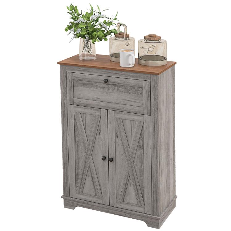 Gray sideboard cabinet with drawer and two cabinet doors, paneled front