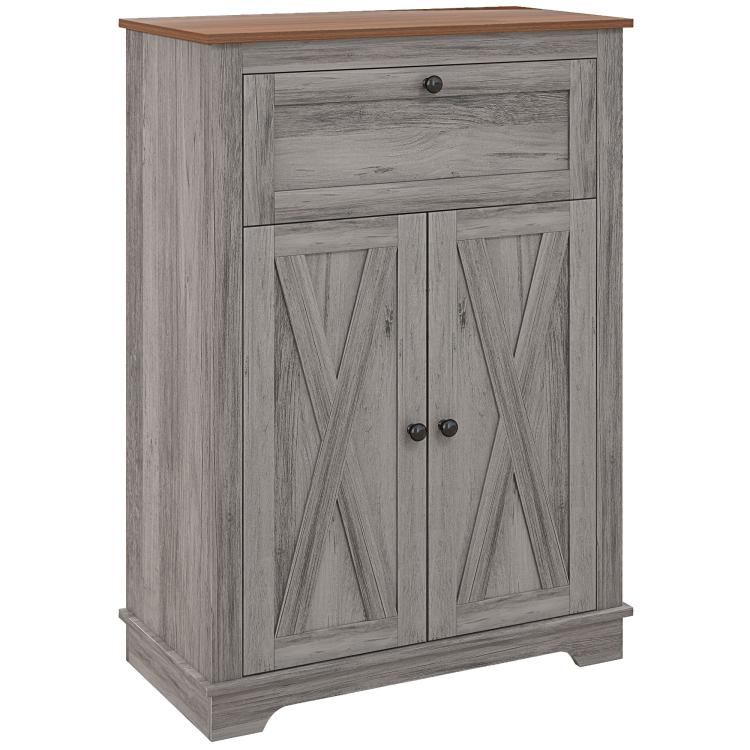 Gray farmhouse storage cabinet with top drawer and two panel doors