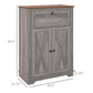 Gray sideboard cabinet with wooden top, drawer, and two paneled doors, side view