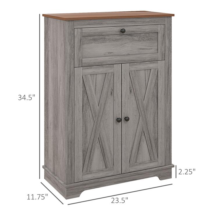 Gray sideboard cabinet with wooden top, drawer, and two paneled doors, side view