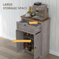 Gray cabinet with pull-out drawer and storage compartment behind doors