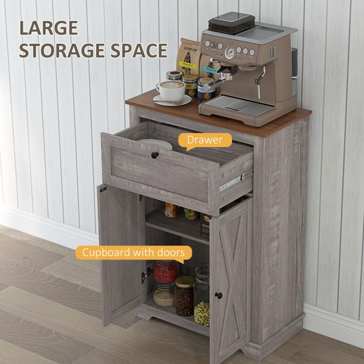 Gray cabinet with pull-out drawer and storage compartment behind doors