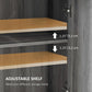 Gray cabinet interior with adjustable shelves behind hinged doors