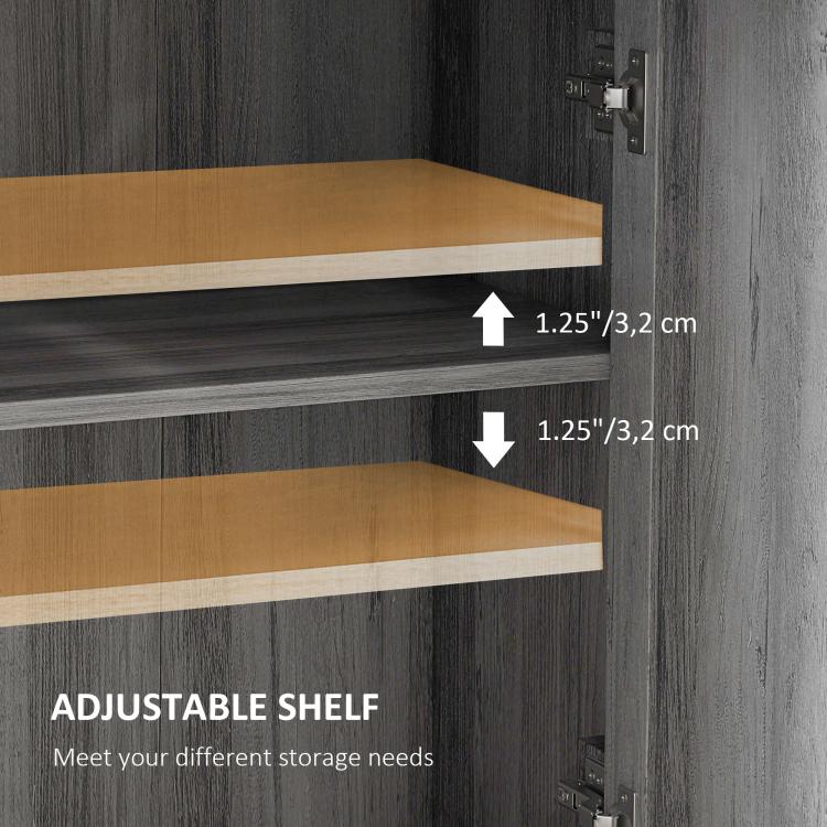 Gray cabinet interior with adjustable shelves behind hinged doors