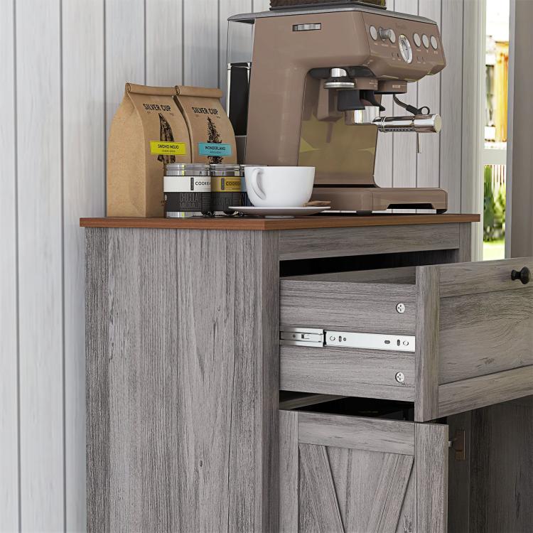 Gray sideboard cabinet with top shelf, open drawer, and door storage