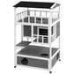 Light gray wooden cat condo with black roof panels and multi-level enclosed balconies