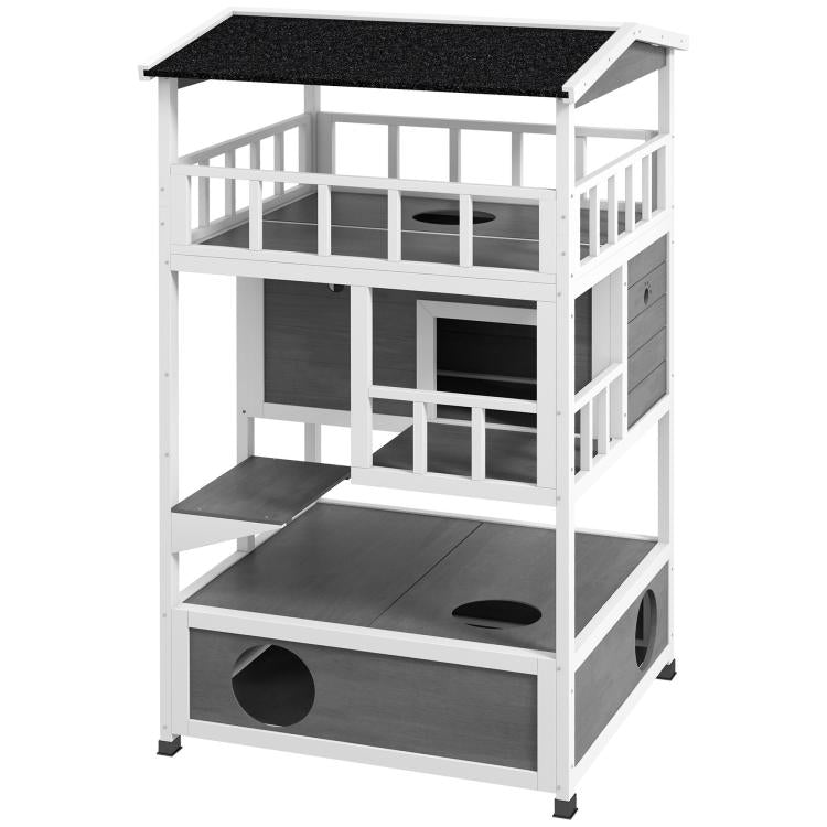 Light gray wooden cat condo with black roof panels and multi-level enclosed balconies