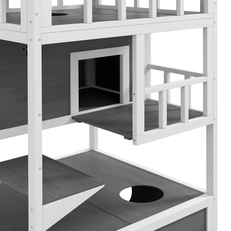 Light gray wooden cat house with dark platform and circular entrance holes