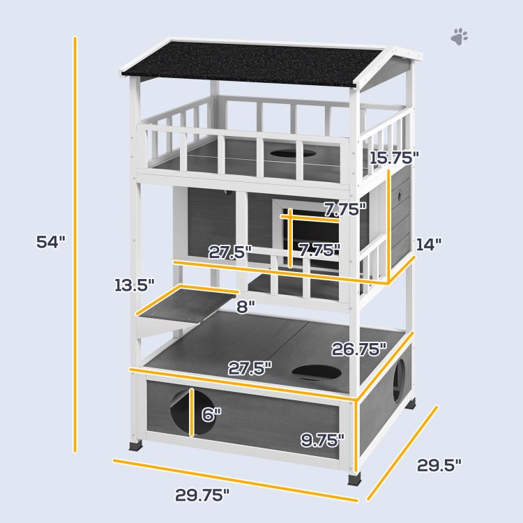 Light gray wooden cat house with dark roof and measured platform layout