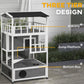 Three-tier light gray wooden cat condo with black roof and lower box opening