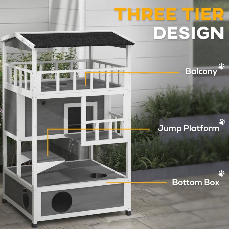 Three-tier light gray wooden cat condo with black roof and lower box opening
